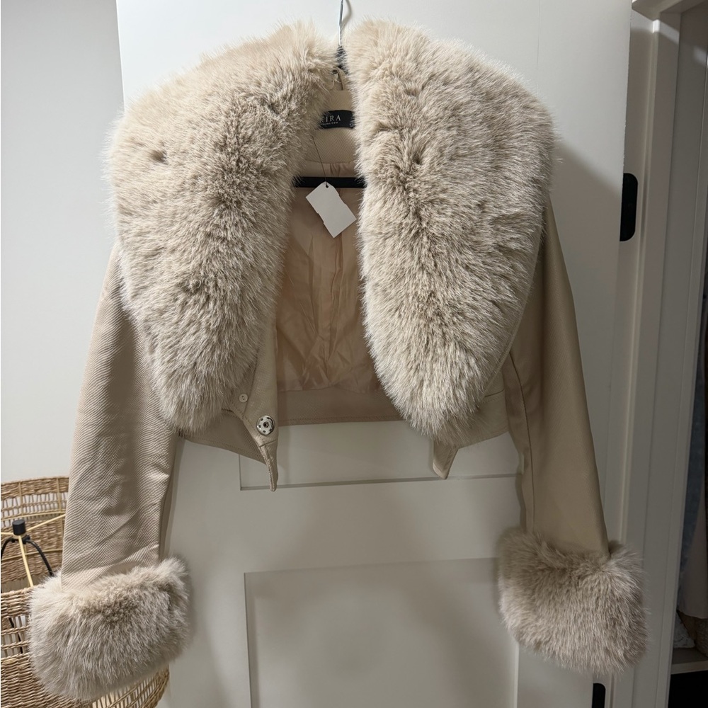 AKIRA Cream Teddy Jacket with Faux Fur Trim